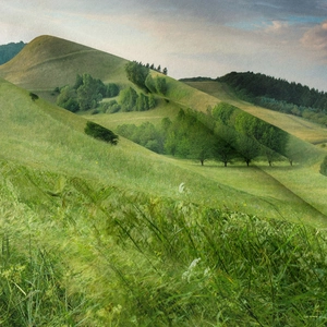 Bohemian wall tapestry featuring lush green hill landscape and soft fabric texture