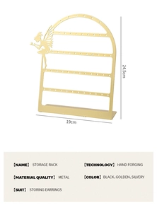 Detailed dimensions of 56-hole foldable metal earring storage stand in gold finish