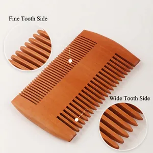 Dual-sided wooden beard comb with fine and wide teeth for men grooming on white background
