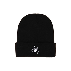 Winter minimalist black knitted beanie with white spider embroidery and a cuffed design