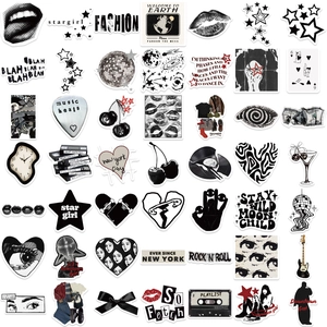 50pcs Y2K black and white waterproof stickers with vintage stars and retro guitar motifs