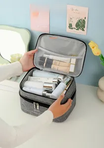 Macro view of double-layer gray cationic toiletry bag with mesh dividers and zip closure