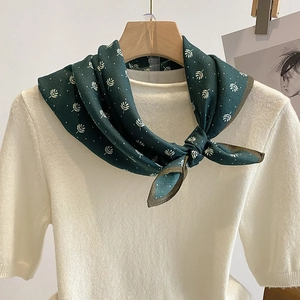Square Scarf Women Polyester Satin Feeling Leaf Polka Dot Print French Elegant Neck Head Wrap Fashion Accessories