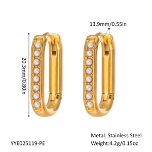 Detail view of U-shaped gold stainless steel earrings with pearls and size measurements