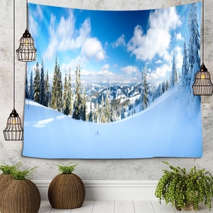 Detailed snowy mountain landscape tapestry with pine forest on a modern gray wall