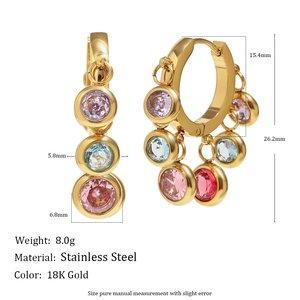 Stainless steel 18K gold earrings with colorful zircon tassels and detailed dimensions