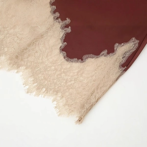Lace trim satin midi skirt in deep burgundy silk-like fabric with champagne detailing