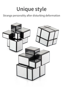 Detail of silver brushed mirror 2x2 cube showing smooth rotation and metal texture finish
