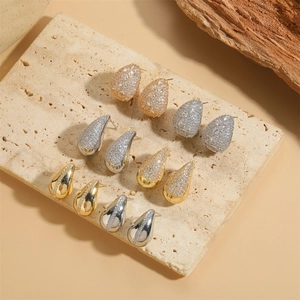 Hammered Water Drop Stud Earrings For Women Copper With Cubic Zirconia Minimalist Luxury Trendy Hollow Jewelry