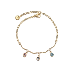14K gold plated stainless steel beaded tassel bracelet with colorful evil eye charms