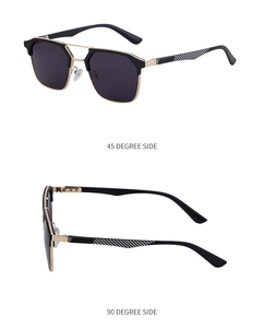 Detail view of stylish men's cat-eye sunglasses with carbon fiber texture on the temples