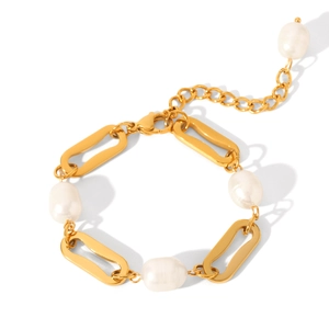 Golden stainless steel chain bracelet with baroque pearls in minimalist marine style