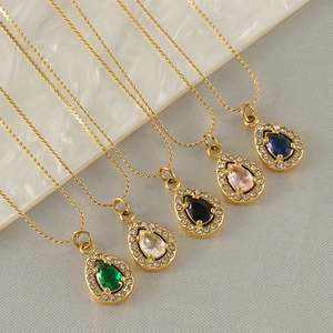 18K gold plated double layer necklace with teardrop zircon pendants in five vibrant colors