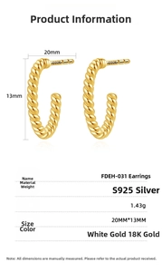 Detail view of S925 sterling silver C-shape twisted earrings showing 20mm x 13mm dimensions