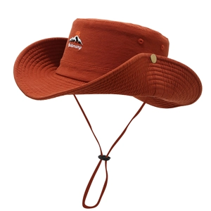Brick red outdoor safari hat with Wildcamp embroidery and adjustable chin strap