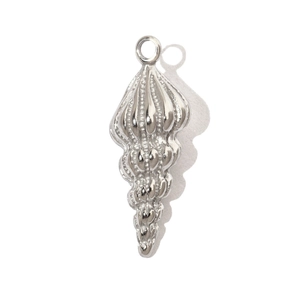 Macro shot of silver stainless steel conch pendant with detailed metal texture and ring