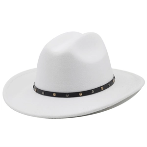Close-up of white wool western cowboy hat with studded black leather decorative band