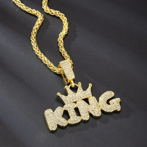 Golden hip hop crown KING pendant necklace with clear zircon and twisted rope chain
