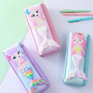 Mermaid Sequin Pencil Case PU Leather Large Capacity Student Stationery Organizer Bag School Supplies For Girls Gift