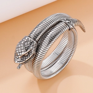Polished silver stainless steel cobra snake wrap bracelet with detailed scale texture