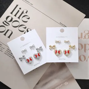 Copper Bowknot Heart Stud Earrings For Women 925 Sterling Silver Post Red Enamel Rhinestone Artificial Pearl Fashion Jewelry