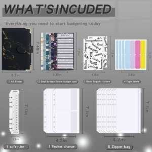 Detailed packing list for A6 marble leather binder set with budgeting accessories and inserts