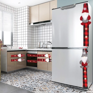 Detail of 3D gnome handles on red and black plaid Christmas refrigerator covers
