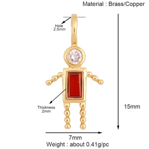 Pendentif garçon en laiton plaqué or 18K avec zircons rouges et blancs, taille 15x7mm