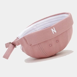 Pink canvas Miki Hat with white N embroidery featuring adjustable strap and retro design
