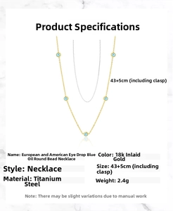 Detail of 18K gold-plated stainless steel necklace featuring five blue evil eye beads