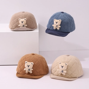 Winter infant plush baseball caps with 3D teddy bear design in four assorted colors