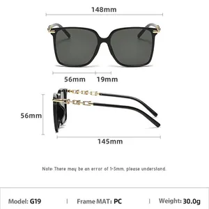 Detailed size chart for oversized chain sunglasses showing width, bridge, and frame dimensions