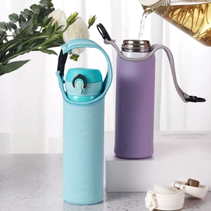 Close-up of 750ml neoprene water bottle sleeves with buckle straps in blue and purple