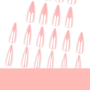 Glossy light pink stiletto press-on nails in long pointed shape on white background