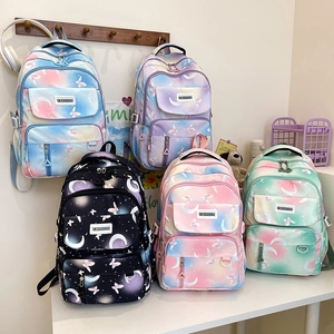 Nylon Student Backpack Large Capacity Gradient Color Butterfly Moon Print For Girls School Campus Sweet Aesthetic Trendy