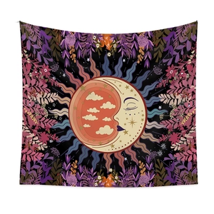 Bohemian sun and moon tapestry with floral astrology design for aesthetic wall decor