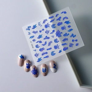 Detailed macro view of 5D embossed blue coral and ocean floral nail art stickers FEB-399