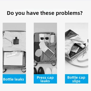 Black and white photos showing common travel bottle leaks and messy luggage problems
