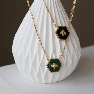 Vintage Hexagon Bee Pendant Necklace Titanium Steel 18K Gold Plated Acrylic Synthetic Stone Retro Clavicle Chain