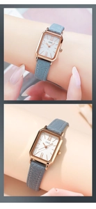 Detail of luxury square women watch with rose gold case, blue leather strap and Roman numerals