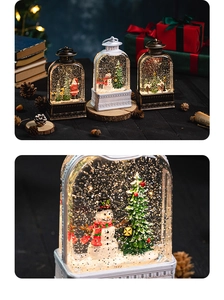 Close-up of decorative Christmas lanterns with glitter water and hand-painted figures