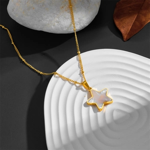Titanium steel star necklace with white shell inlay on a stylish bead chain display