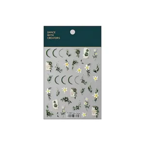 Floral embossed nail art stickers with green leaves and white blossoms, style TS-3655