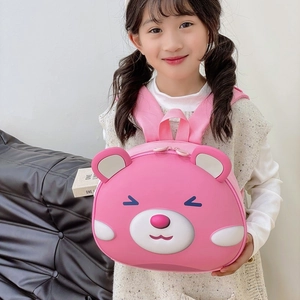 Pink cartoon bear preschool backpack for girls featuring lightweight 3D EVA hard shell