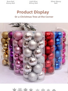 Detailed view of rose madder shiny Christmas balls in cylindrical gift packaging