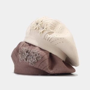 British style knit beret for women with floral mesh and rhinestones in cream and pink