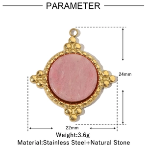 Macro shot of 22mm pink natural stone pendant with gold stainless steel frame dimensions