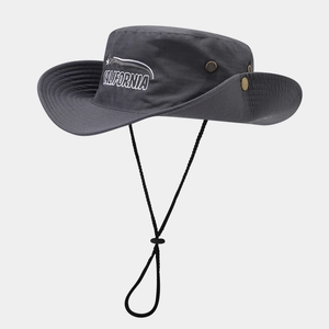 Detailed macro view of embroidered California logo on a dark grey tactical sun hat