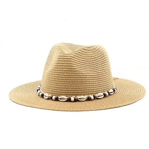 Detail of bohemian khaki straw fedora with woven shell and wood bead decorative band