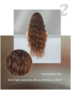 Detail of matte high temperature silk long wavy hair in brown with realistic texture